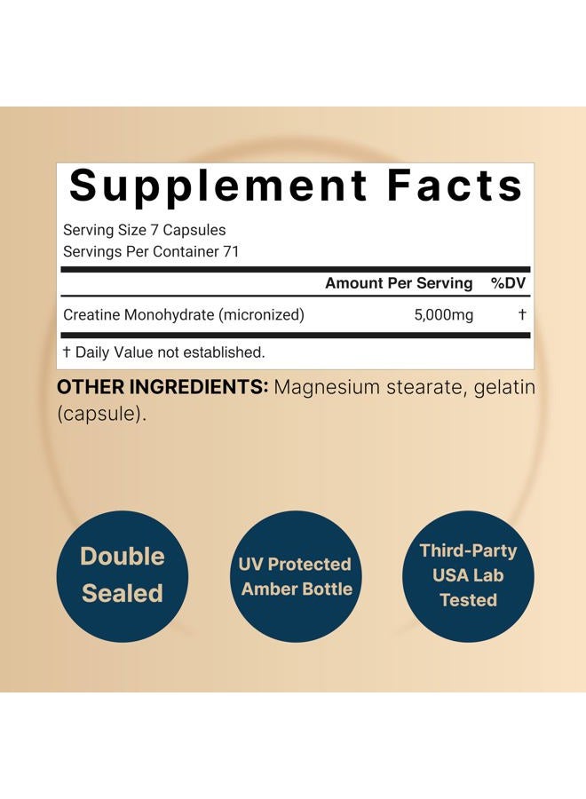 NatureBell Creatine Monohydrate Capsules 5,000mg Per Serving, 500 Count | Micronized, Unflavored Creatine Pills | Pre-Workout & Muscle Strength Support | Easy to Swallow, Filler-Free | 71 Servings - Image 2